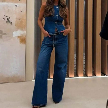 Buy Center Women Jeans 2 Piece Set - Chic Vest & Wide Leg Pants - Buy Center UK