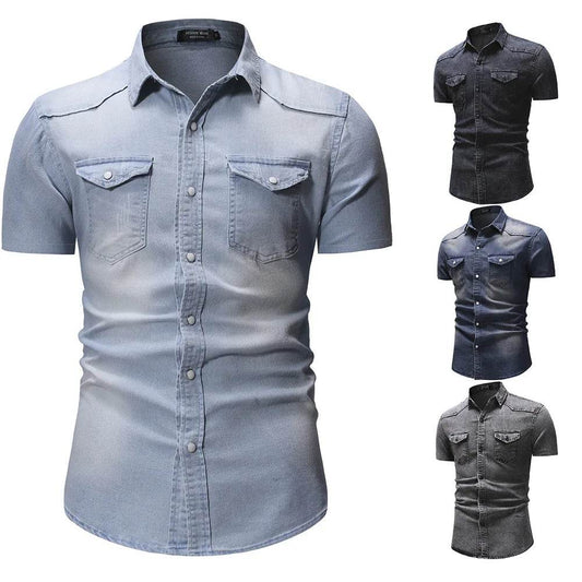 Buy Center Men's Slim Fit Denim Shirt - Short Sleeve Casual Top - Buy Center UK