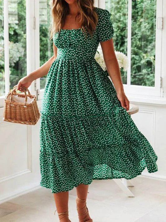 Buy Center Vintage Puff Sleeve Summer Maxi Dress - Floral Square Collar - Buy Center UK