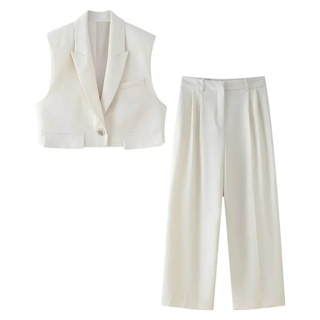 2024 Elegant Sleeveless Blazer & Wide Pants Set - V-Neck Style - Buy Center UK