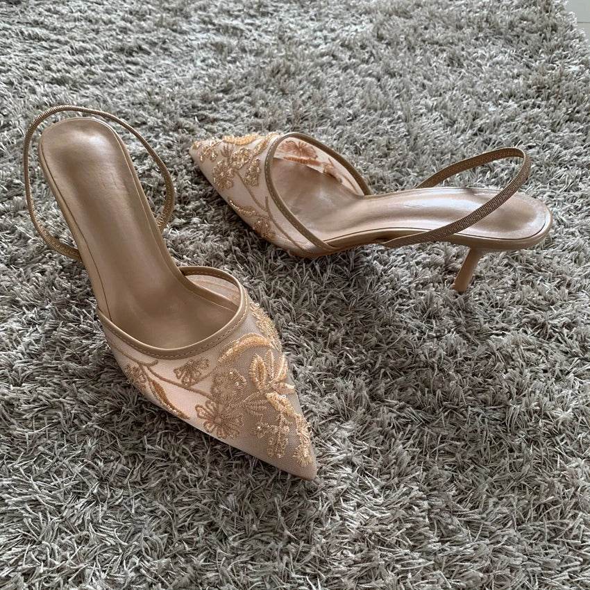Women’s Mesh Embroidered High Heels - Slingback Pointed Toe Mules - Buy Center UK