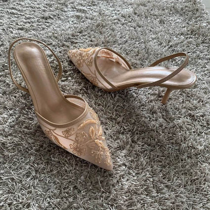 Women’s Mesh Embroidered High Heels - Slingback Pointed Toe Mules - Buy Center UK