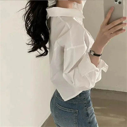 Buy Center Women's Casual White Crop Blouse - Long Sleeve, Trendy Style - Buy Center UK