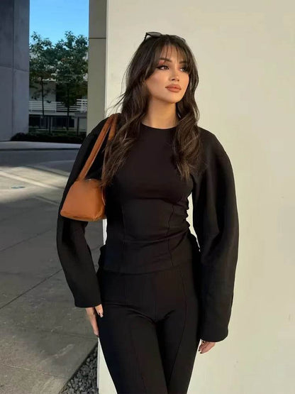 Elegant Women's Two-Piece Set - High Waist Wide Leg Trousers - Buy Center UK