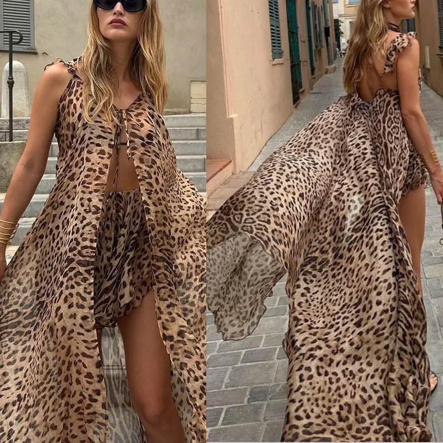 Buy Center Women's Beach Dress Set - Chiffon Halter & Leopard Shorts - Buy Center UK