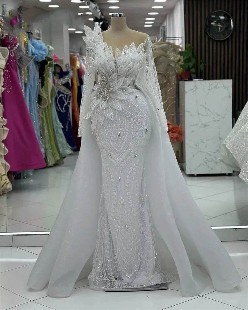 White Mermaid Evening Dress with Detachable Train - Beaded Elegance - Buy Center UK