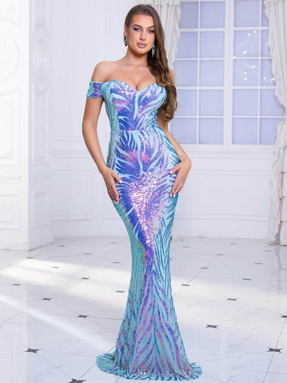 Romagic Blue Sequin Mermaid Dress - Off Shoulder Evening Gown - Buy Center UK