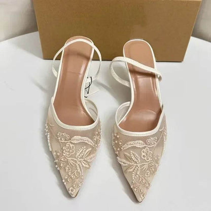 Elegant White Slingback Wedding Pumps - Embroidered Design for Women - Buy Center UK