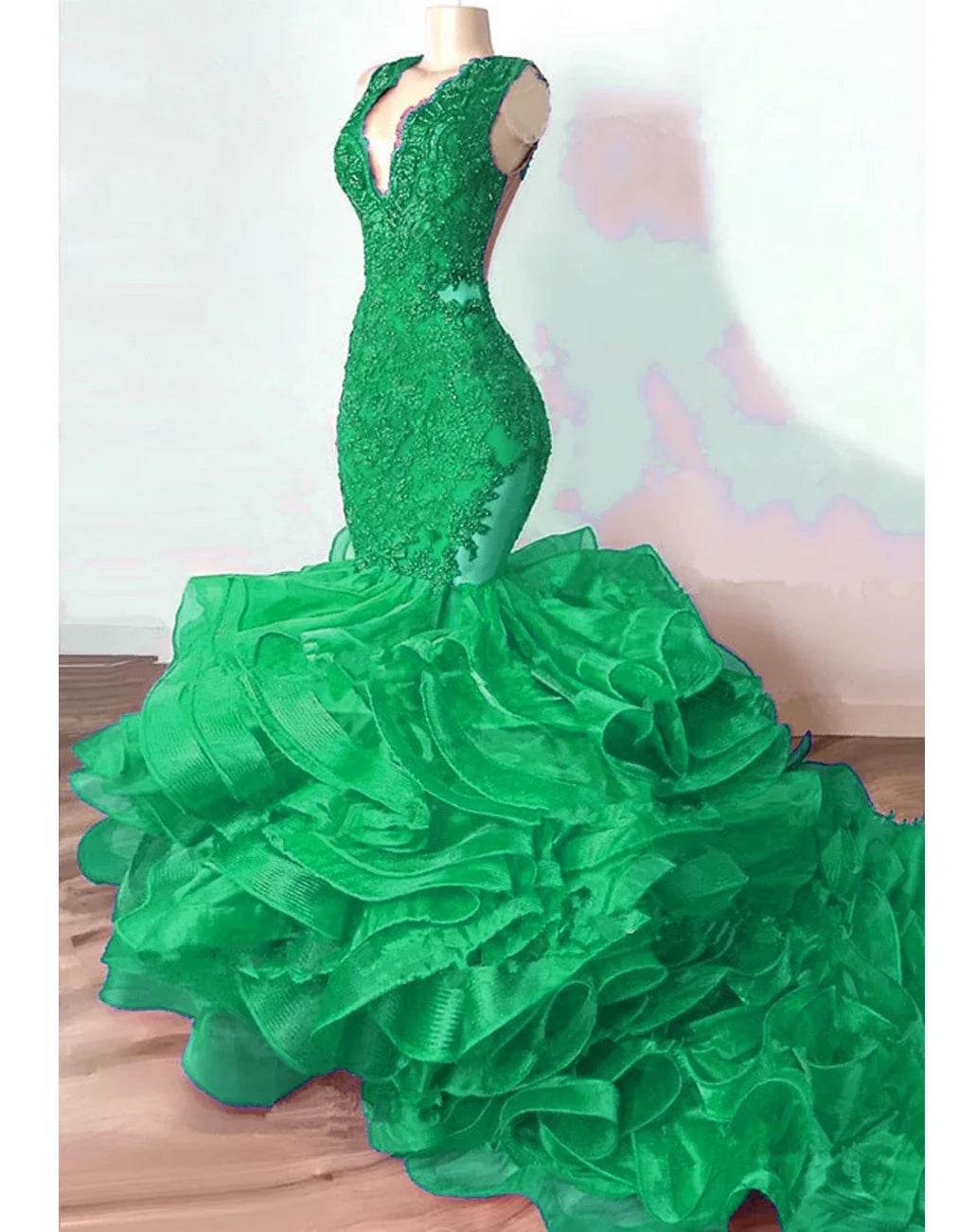 Royal Blue Lace Beaded Mermaid Dress - Elegant Puffy Ruffles - Buy Center UK
