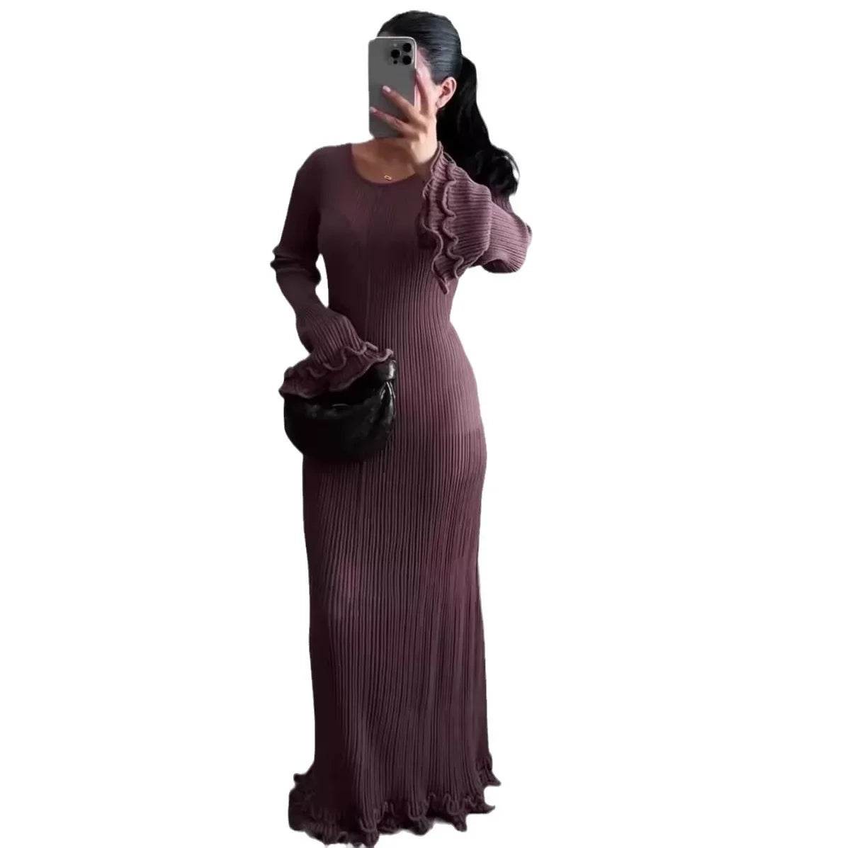 Buy Center Autumn Women's Long Sleeve Slim Fit Dress - Ruffle Accent - Buy Center UK