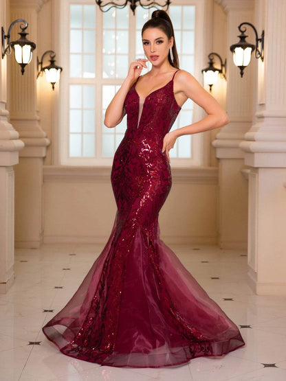 Romagic Deep V Neck Sleeveless Maxi Dress - Luxury Sequined Gown - Buy Center UK