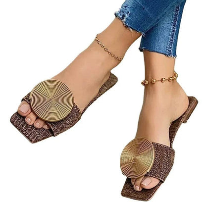 Women's Summer Flat Sandals - Casual Indoor Slippers, Round Buckle - Buy Center UK