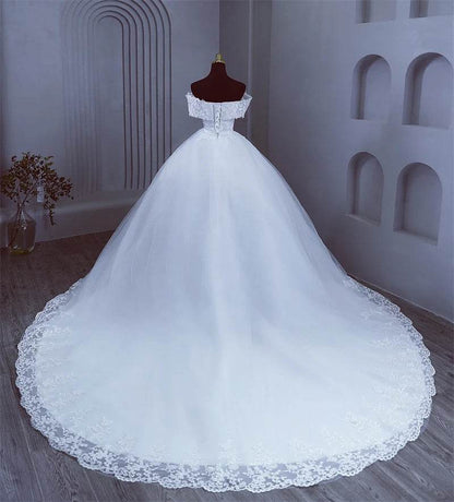 Elegant Plus Size White Wedding Dress - Off The Shoulder, Appliques - Buy Center UK