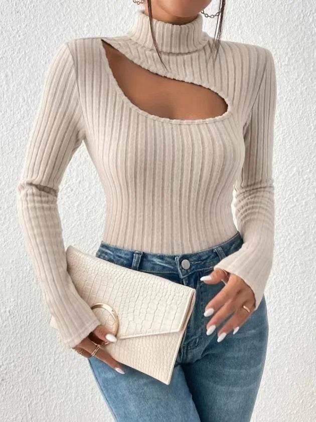 Buy Center Slim Fit Long Sleeve T-shirt - Sexy Hollow Turtleneck Top - Buy Center UK