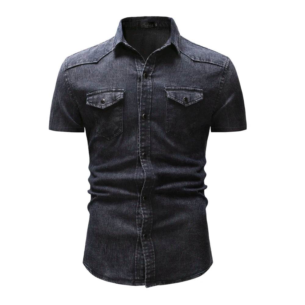 Buy Center Men's Slim Fit Denim Shirt - Short Sleeve Casual Top - Buy Center UK