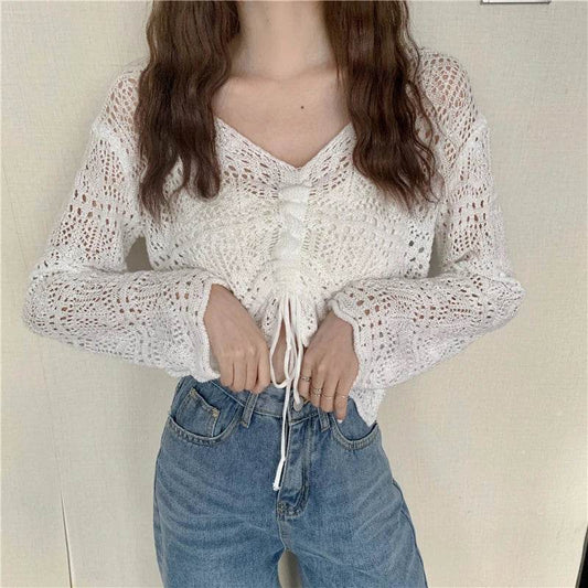 Buy Center Drawstring Front Crop Sweater - Lightweight Beach Top for Women - Buy Center UK