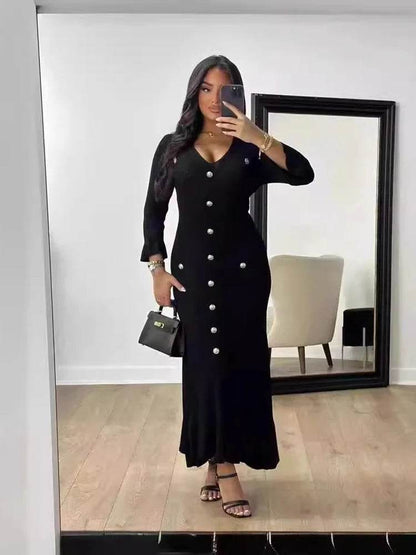 Buy Center Elegant Knitted Long Dress - V-neck Bodycon for Summer - Buy Center UK