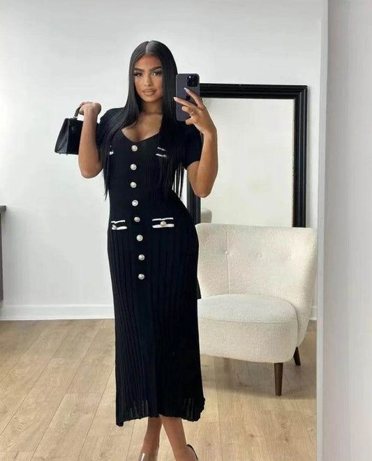 Elegant Knitted Maxi Dress - Bodycon Short Sleeve with Ruffles - Buy Center UK