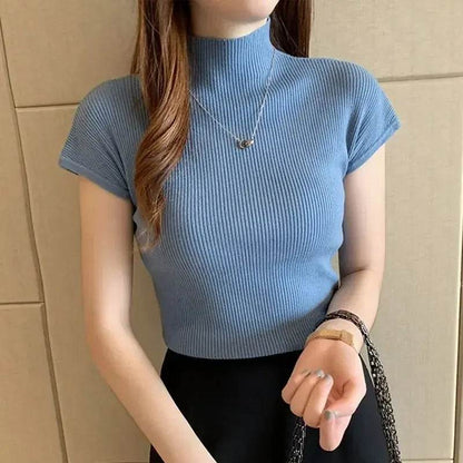 Buy Center Women's Short Sleeve Mock Neck Knit Crop Top - Lightweight & Chic - Buy Center UK