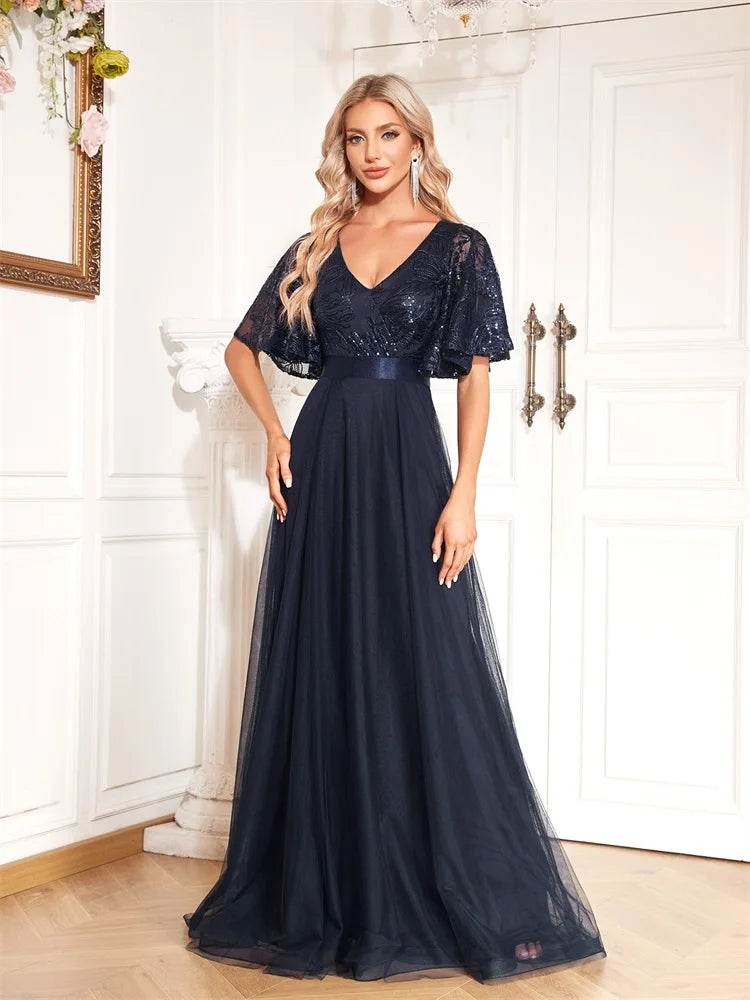 Luxury Blue V-Neck Sequins Evening Dress - Elegant Floor-Length Gown - Buy Center UK