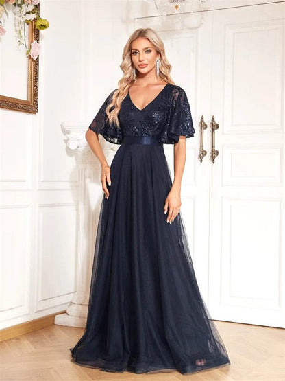 Luxury Blue V-Neck Sequins Evening Dress - Elegant Floor-Length Gown - Buy Center UK