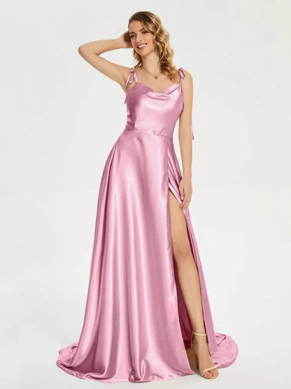 2024 Satin Bridesmaid Dress - Cowl Neck, A-Line, Leg Slit Styles - Buy Center UK