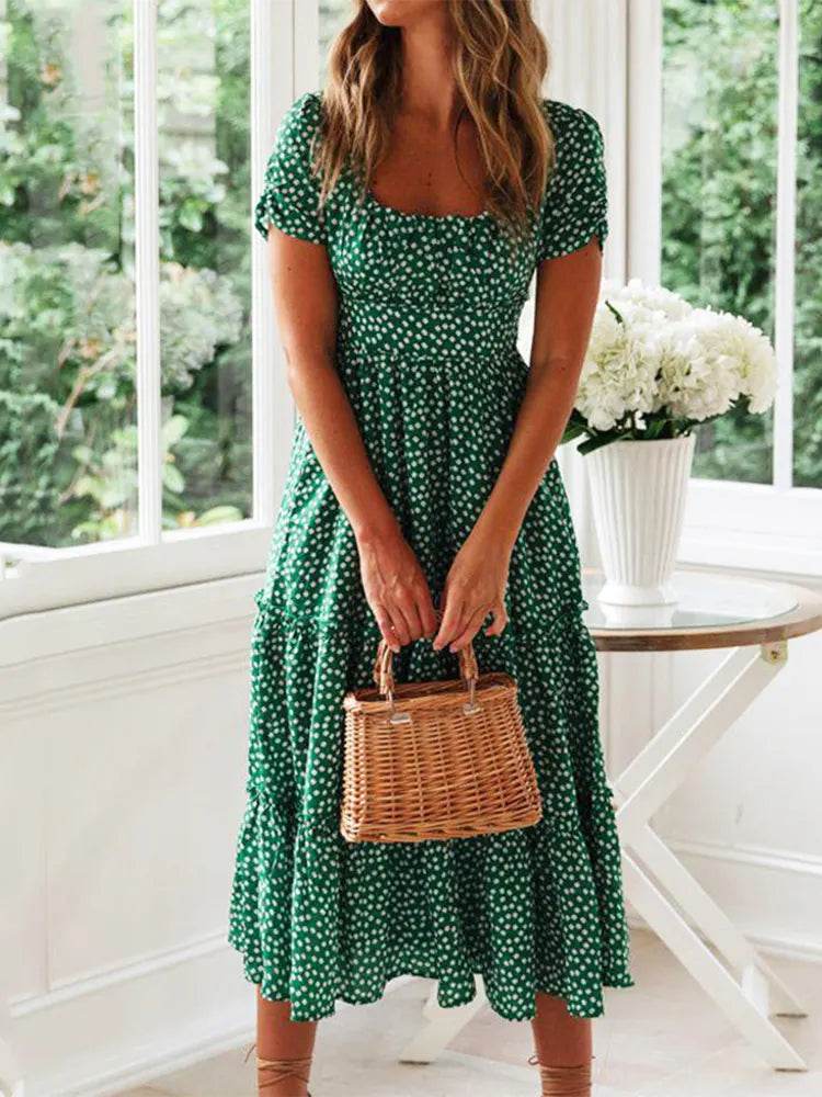 Buy Center Vintage Puff Sleeve Summer Maxi Dress - Floral Square Collar - Buy Center UK