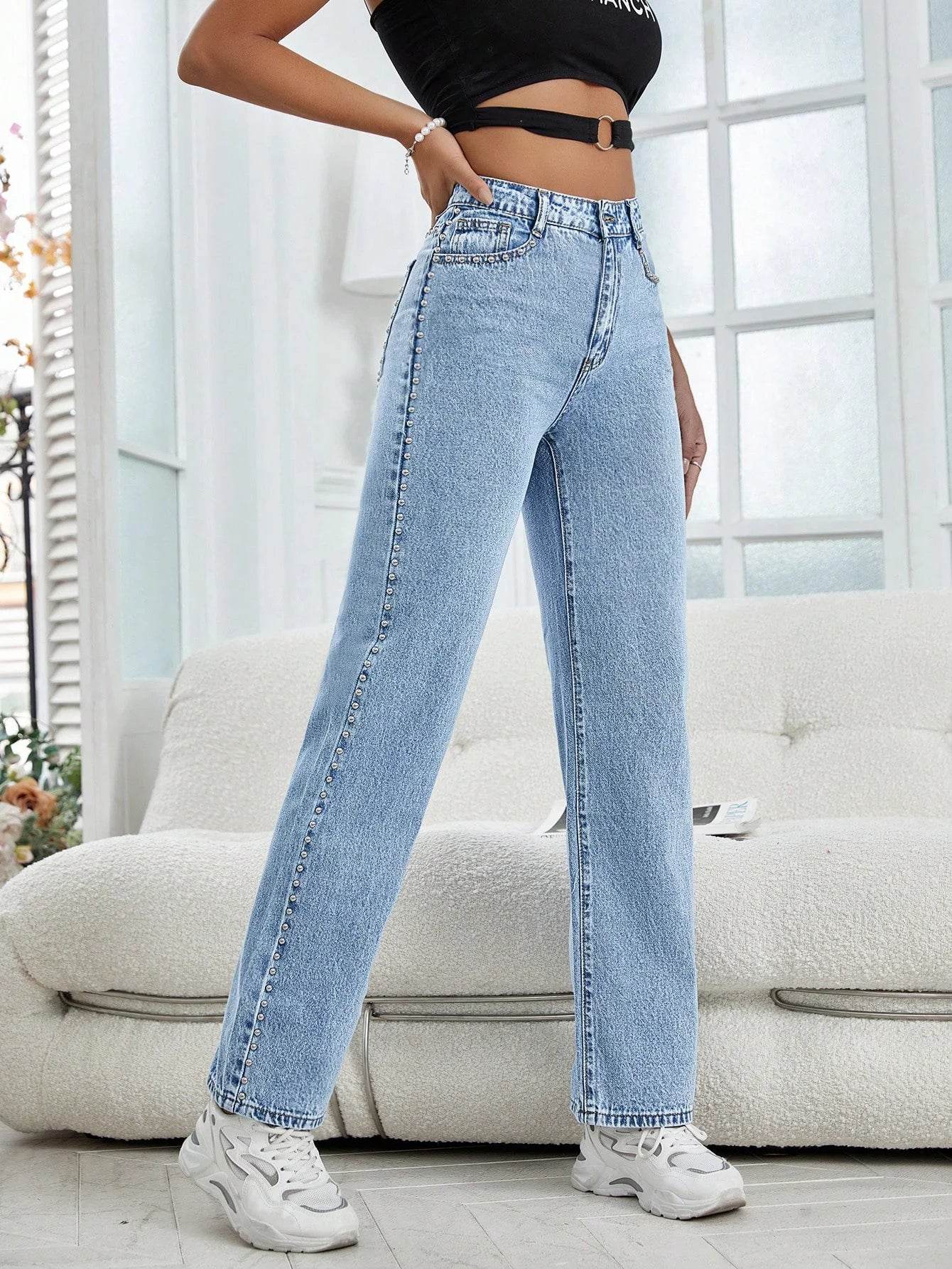 Buy Center Women’s Light Blue Denim Jeans - Side Beaded Trim Style - Buy Center UK