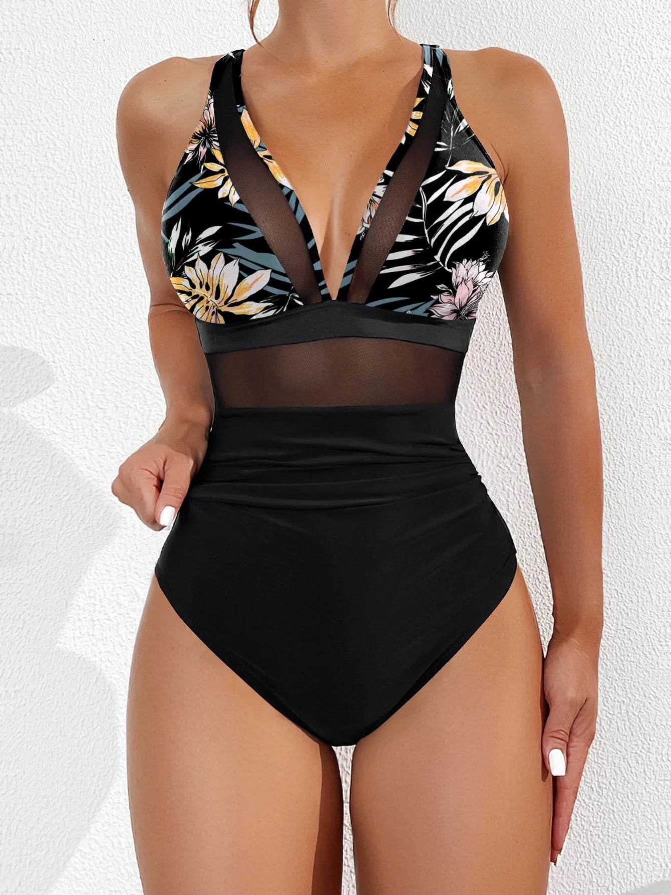 2025 Solid Mesh Patchwork One Piece Swimwear - Sexy Push-Up Design - Buy Center UK