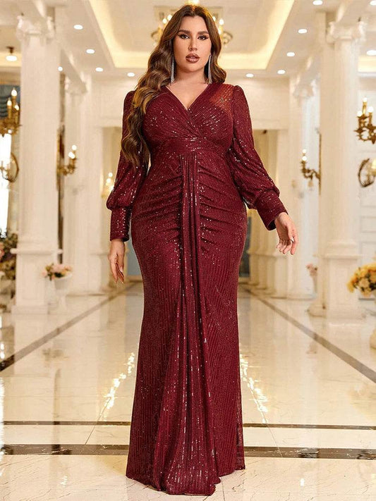 TOLEEN Plus Size Maxi Dress - Elegant V-Neck Sequin Evening Gown - Buy Center UK