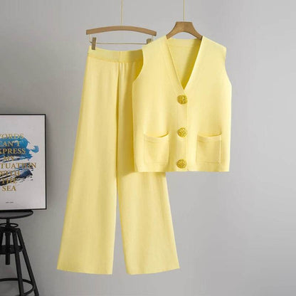 Buy Center Casual Knit Women’s Suit - V-neck Sleeveless & Wide Leg Pants - Buy Center UK