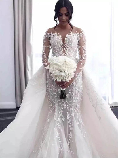 Luxury V-neck Mermaid Wedding Dress - Long Sleeves & Detachable Train - Buy Center UK