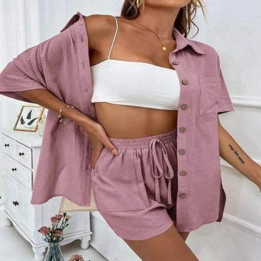 Summer Fashion Shorts Two-Piece Set - Casual Tied Shirt & Loose Fit - Buy Center UK