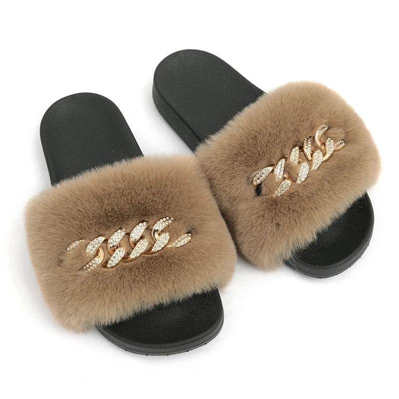 Buy Center Women's Furry Slippers - Plush Faux Rabbit Fur Slides - Buy Center UK