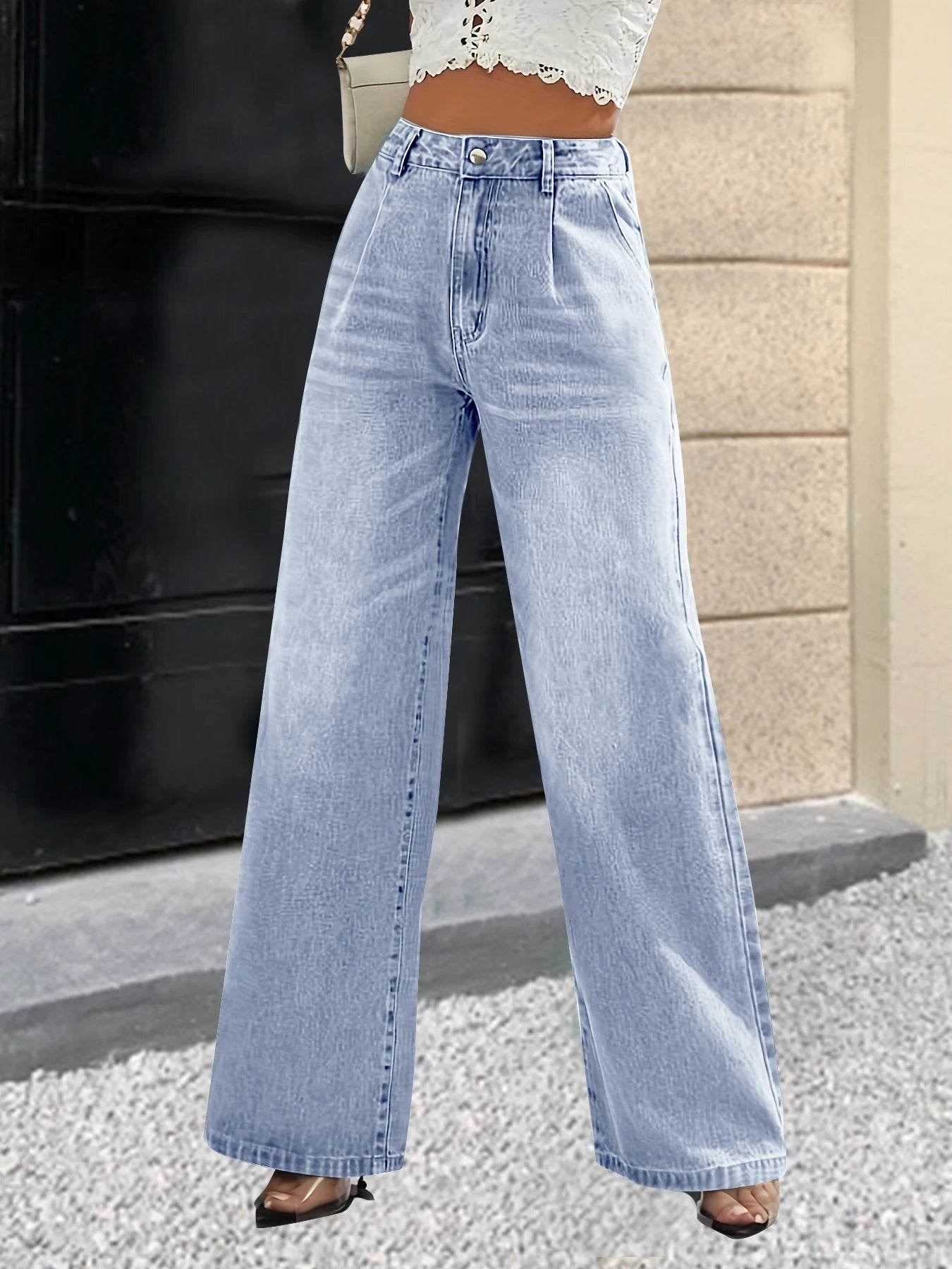 Buy Center Women's Solid Color Jeans - Wide Leg Casual Style - Buy Center UK
