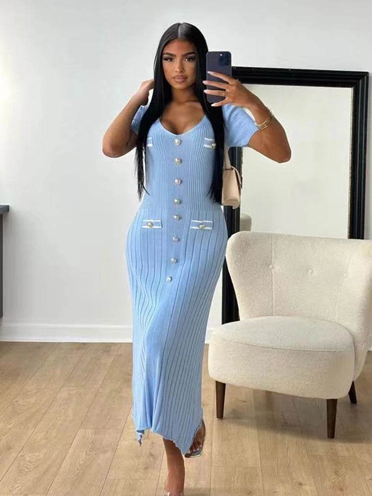 Buy Center Elegant Knitted Long Dress - V-neck Bodycon for Summer - Buy Center UK