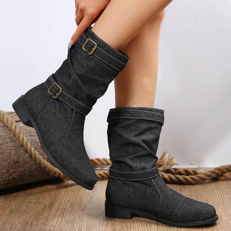 Buy Center Women's Mid Calf Denim Boots - Comfortable Round Toe Design - Buy Center UK