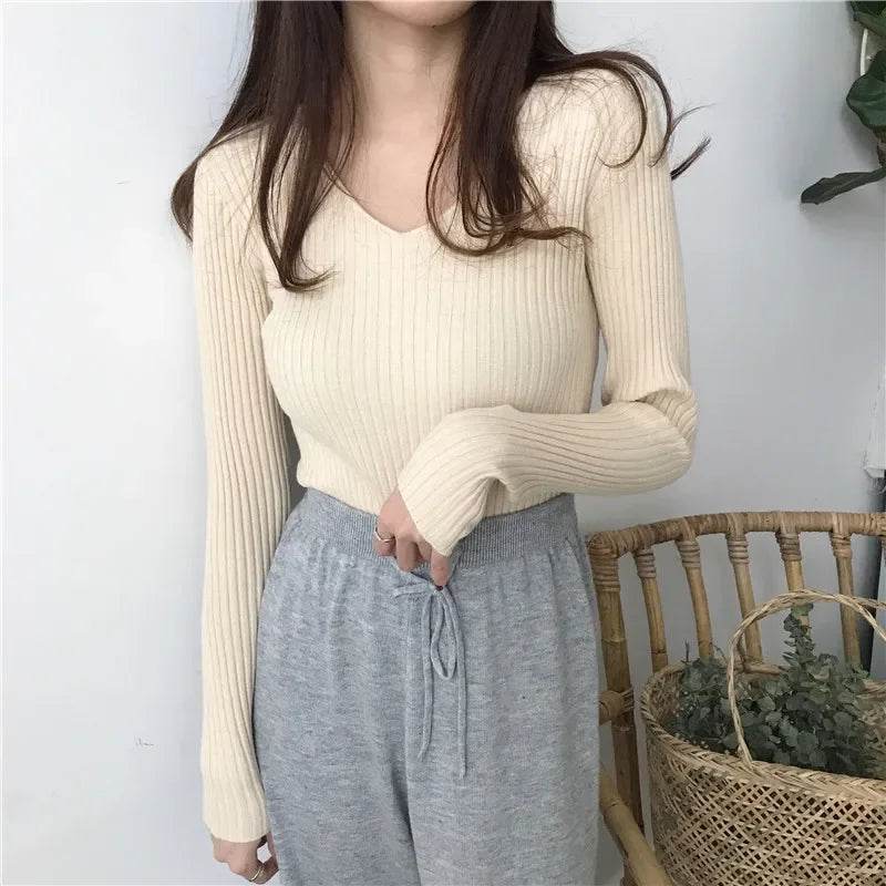 Women’s V-Neck Solid Sweater - Slim Fit Casual Knit Pullover - Buy Center UK
