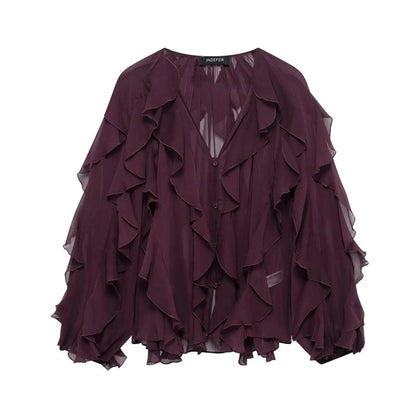 Ruffles Elegant Long Sleeve Blouse for Women - Lightweight Spring Style - Buy Center UK