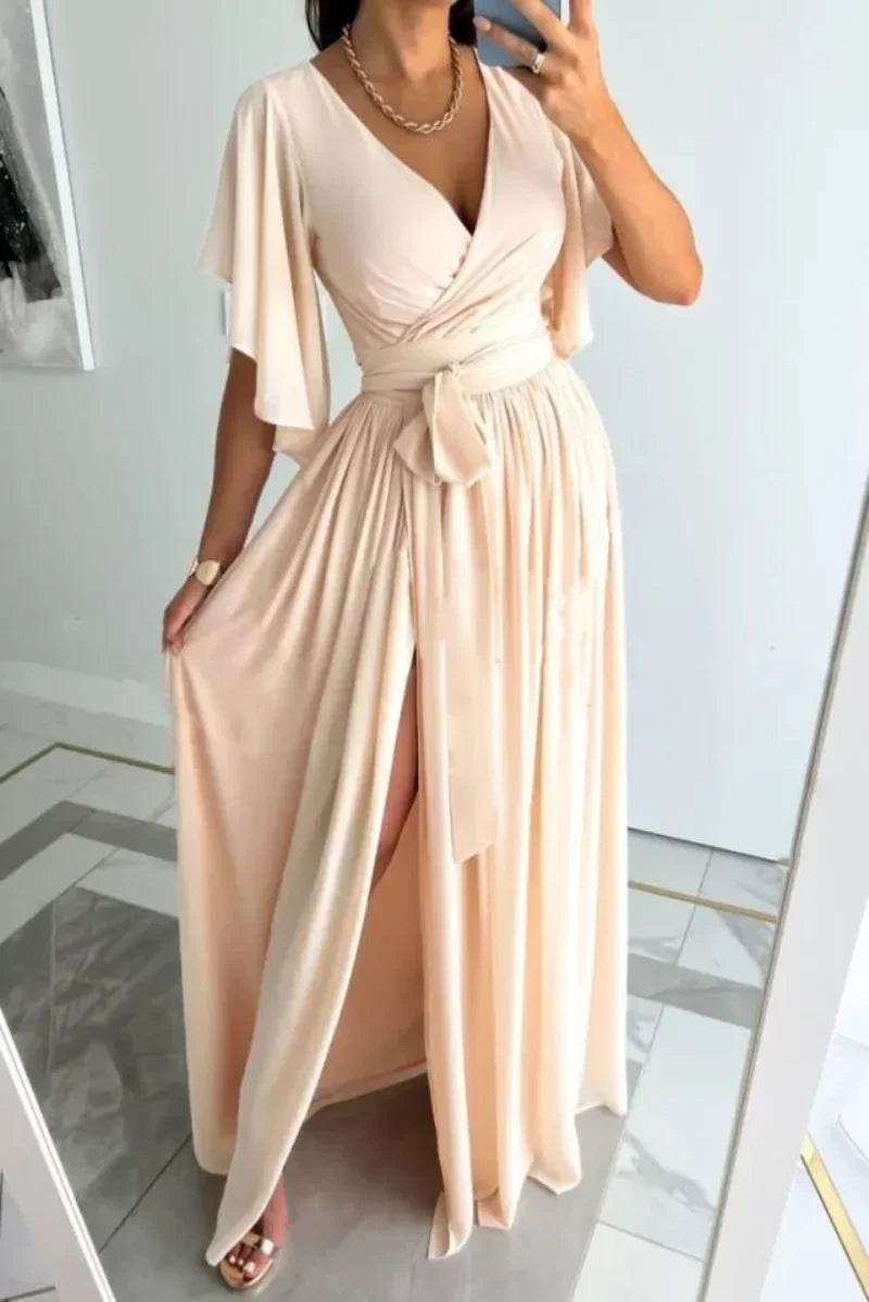 Buy Center Women's Flare Sleeve V-Neck Dress - Casual Floor Slit Style - Buy Center UK