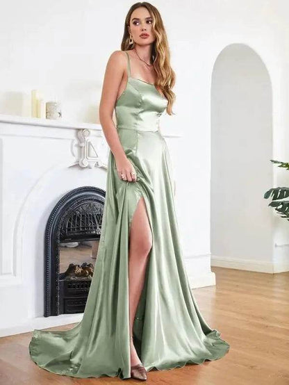 Dusty Green Satin Prom Dress - Backless Halter Neck A-Line Gown - Buy Center UK