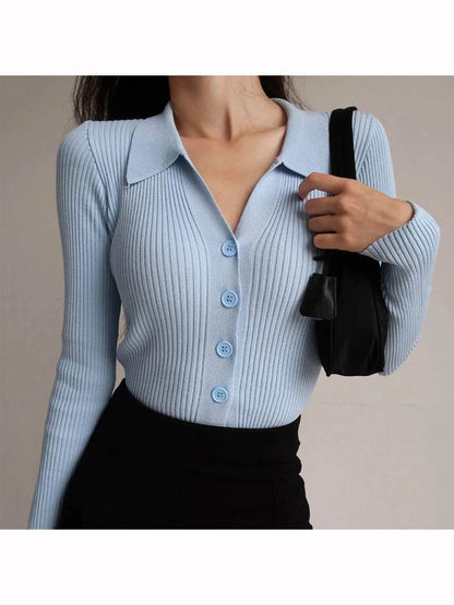 Buy Center Women's Autumn Cardigan - Stylish V-Neck Knitwear in Blue, White, Green - Buy Center UK