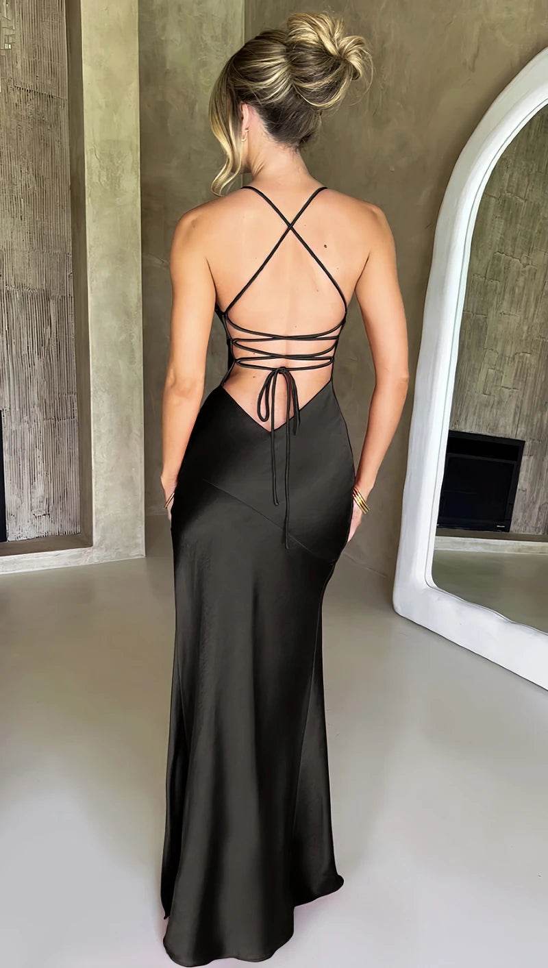 Buy Center Women's V-Neck Satin Backless Dress - Elegant and Chic - Buy Center UK