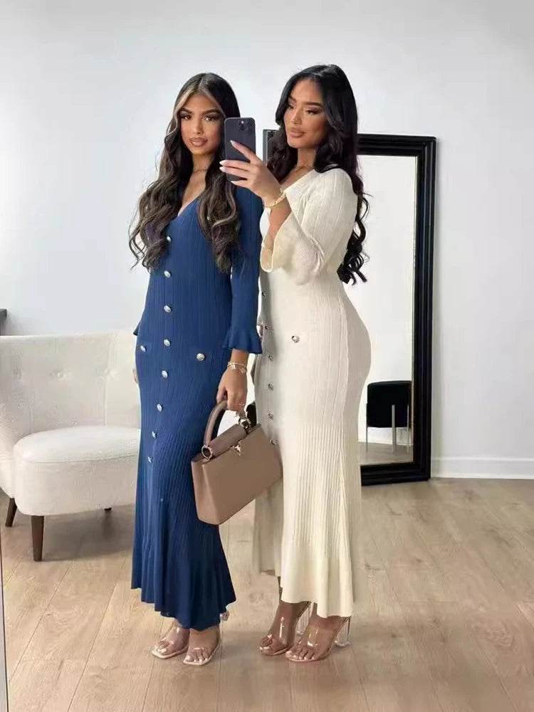 Elegant Knitted Long Dress for Women - V-Neck Flare Sleeve Style - Buy Center UK