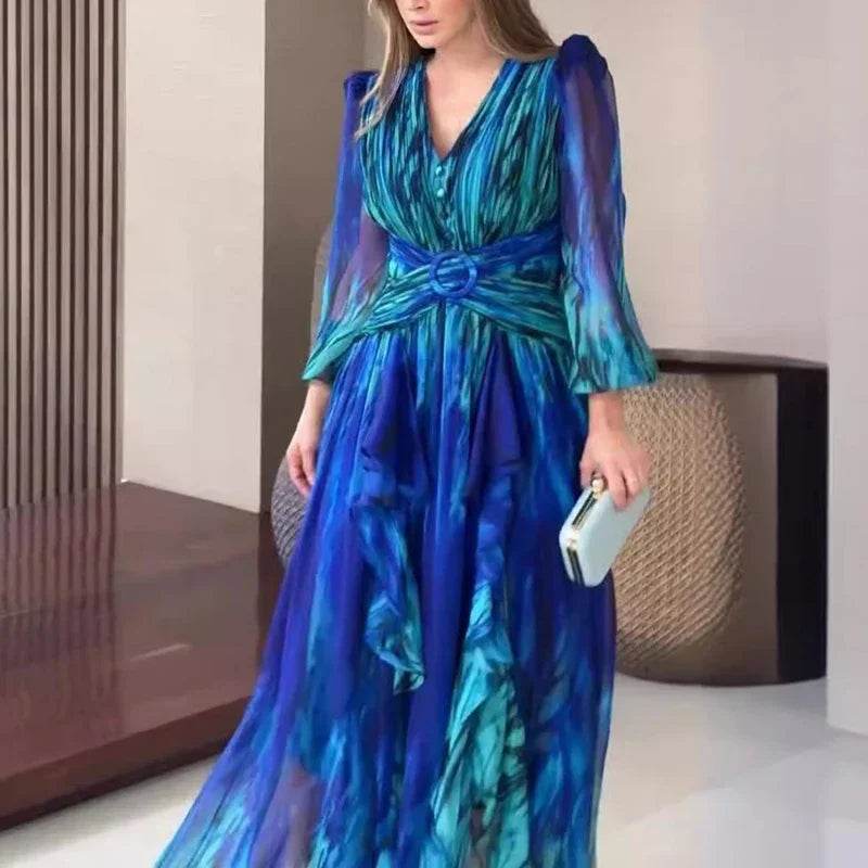 Women’s Chic Cross Waisted Evening Dress - Elegant V-Neck Maxi - Buy Center UK