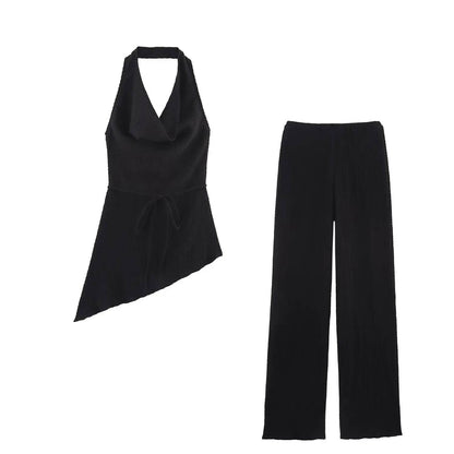 TFMLN Women Pant Sets - Asymmetrical Hem Lace-Up Top & Straight Pants - Buy Center UK