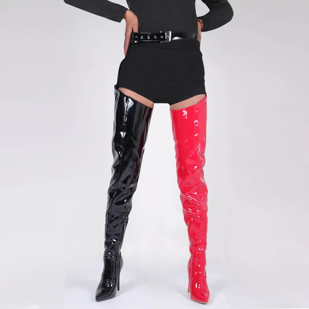 Red Patent Leather Over The Knee High Heels - Waterproof Stiletto Boots - Buy Center UK