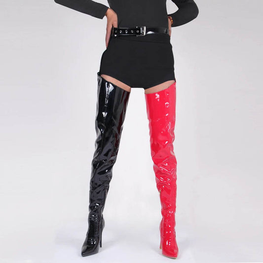 Red Patent Leather Over The Knee High Heels - Waterproof Stiletto Boots - Buy Center UK