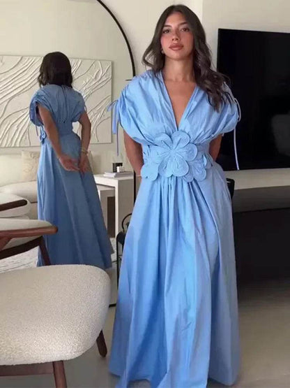 Buy Center Blue V-Neck Waist-Fitted Long Dress - Elegant & Stylish - Buy Center UK
