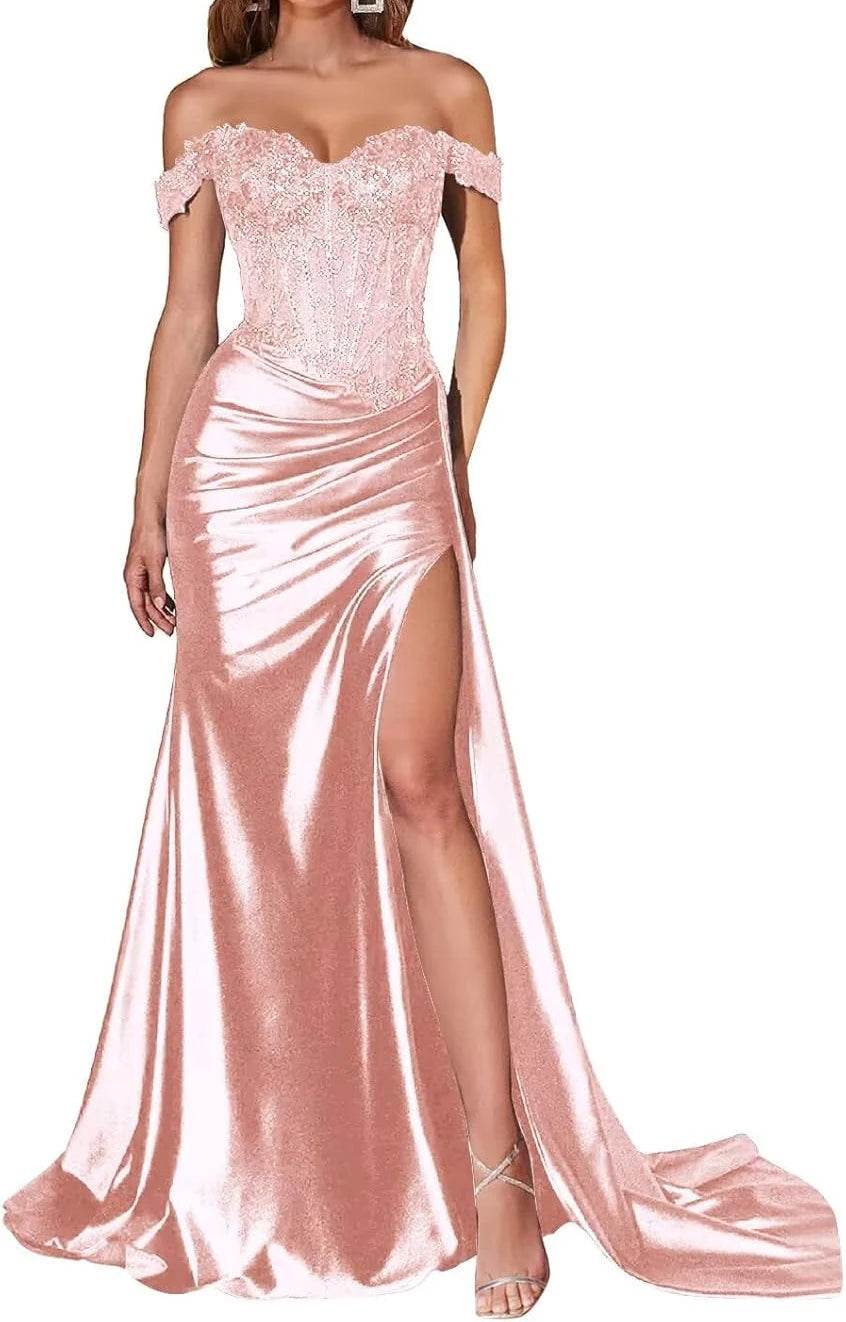 Navy Blue Strapless Satin Prom Dress – Elegant Split Evening Gown - Buy Center UK